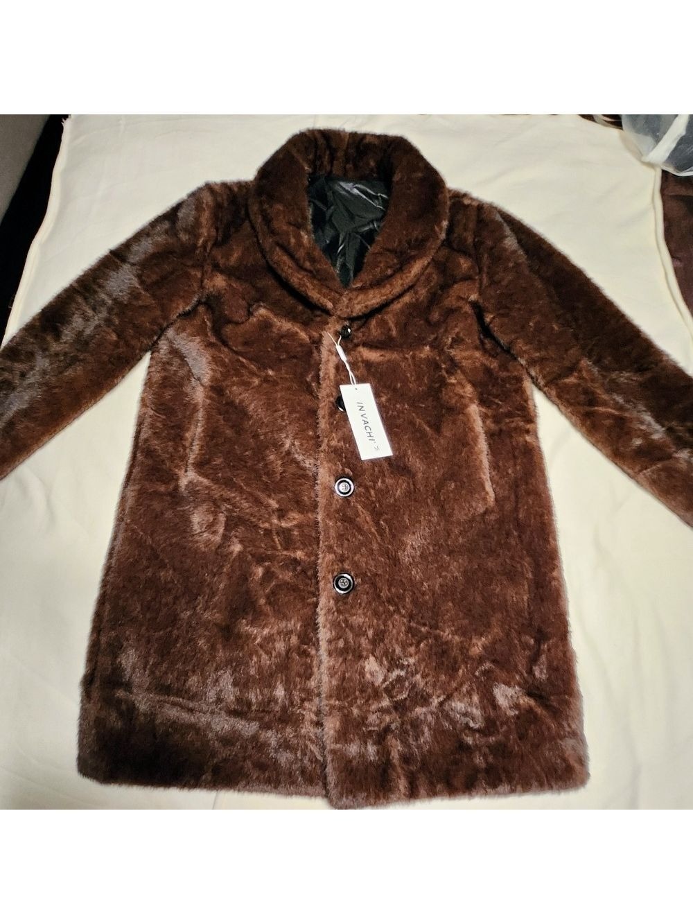 Amazon Mens Long Trench Coat Brown Medium Faux Fur Wide Collar - Picture 4 of 8